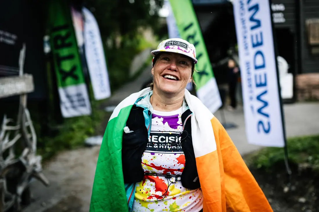 Naomi S wrapped in the Irish flag after finishing second at Swedeman 2026